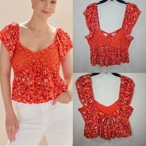 Coco+jaimenson V-Neck Flutter Sleeve Tie Back Tiered Summer Top Floral Size L